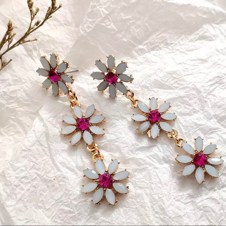 White And Pink Flower Drop Earrings